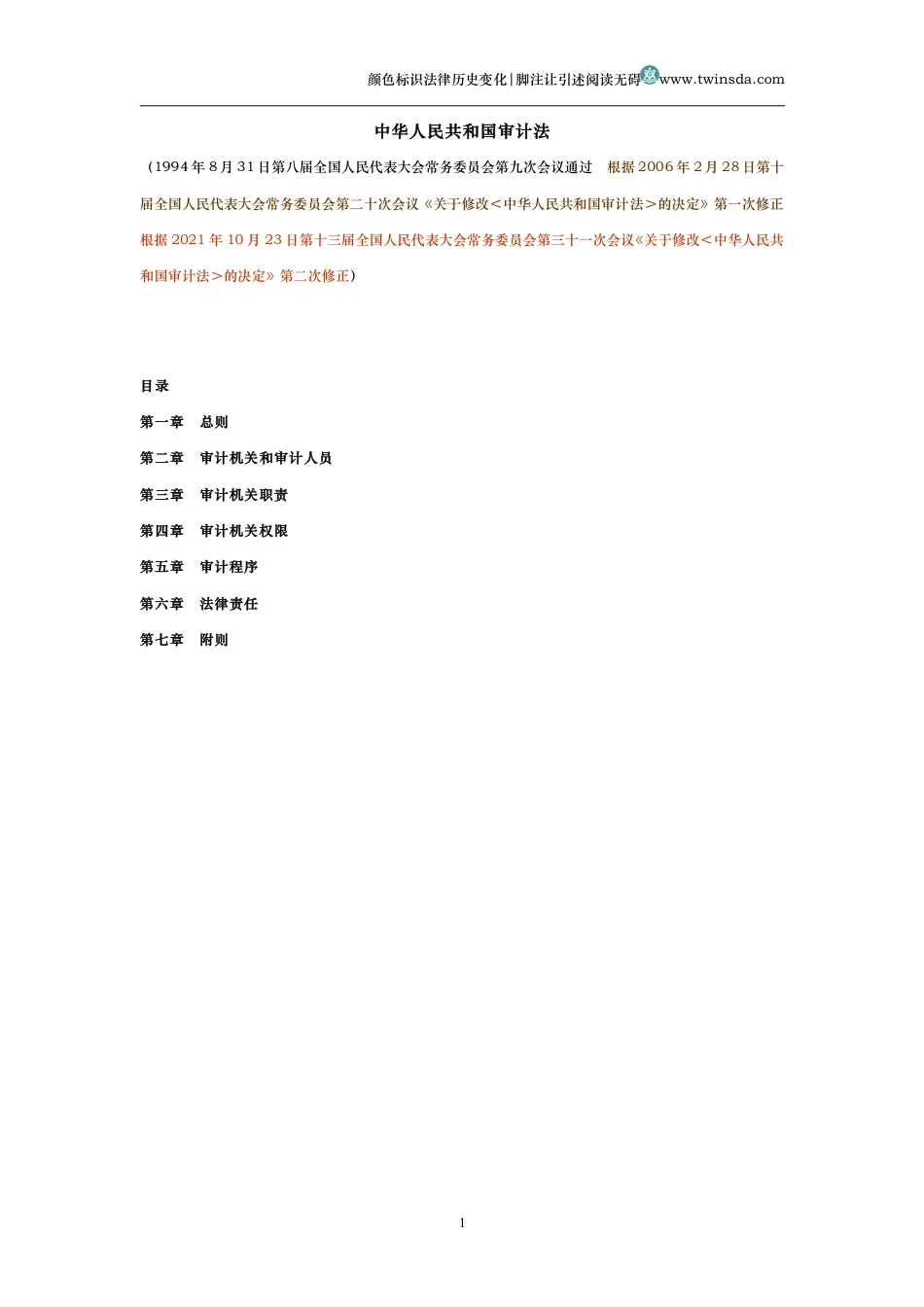 中华人民共和国审计法（历史变化对比版）_第1页