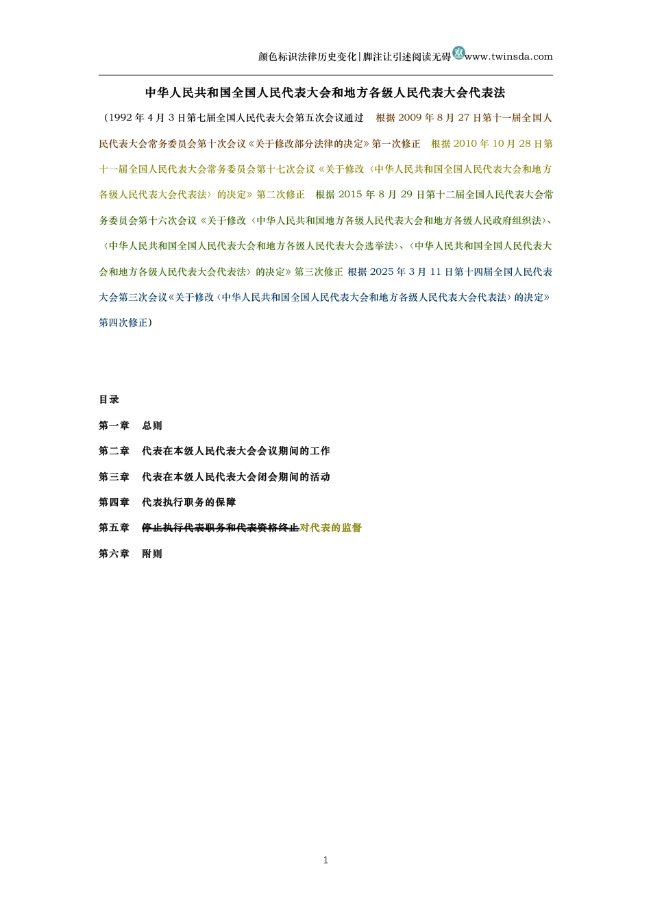 中华人民共和国全国人民代表大会和地方各级人民代表大会代表法（历史变化对比版）_第1页